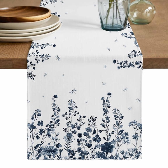 Blue Botanical Table Runner, Dragonfly Flower Leaf Retro Ink Style Washable Cotton Linen Table Runners 90 Inches Long, Dresser Scarf Runner for Dining/Coffee/Kitchen/Hallway Tables 13''x90''