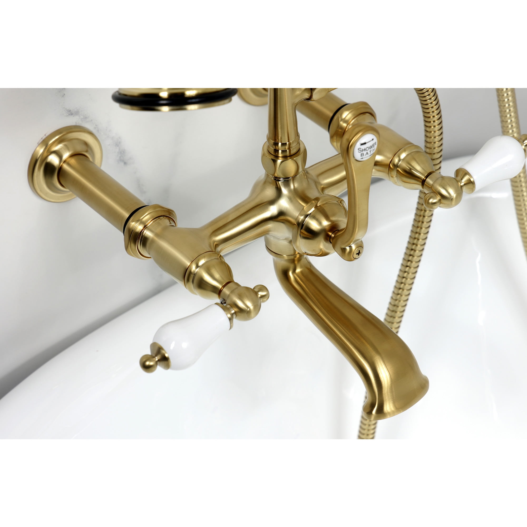 Kingston Brass CC543T7 Vintage 7-Inch Wall Mount Tub Faucet with Hand Shower, Brushed Brass