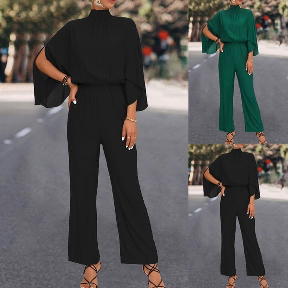 AGWOLF Jumpsuits for Women Dressy Mock Neck Backless Pantsuits Business Casual Split Short Sleeve Wide Leg Long Pants Rompers Elegant Jumpsuit for Evening Black L