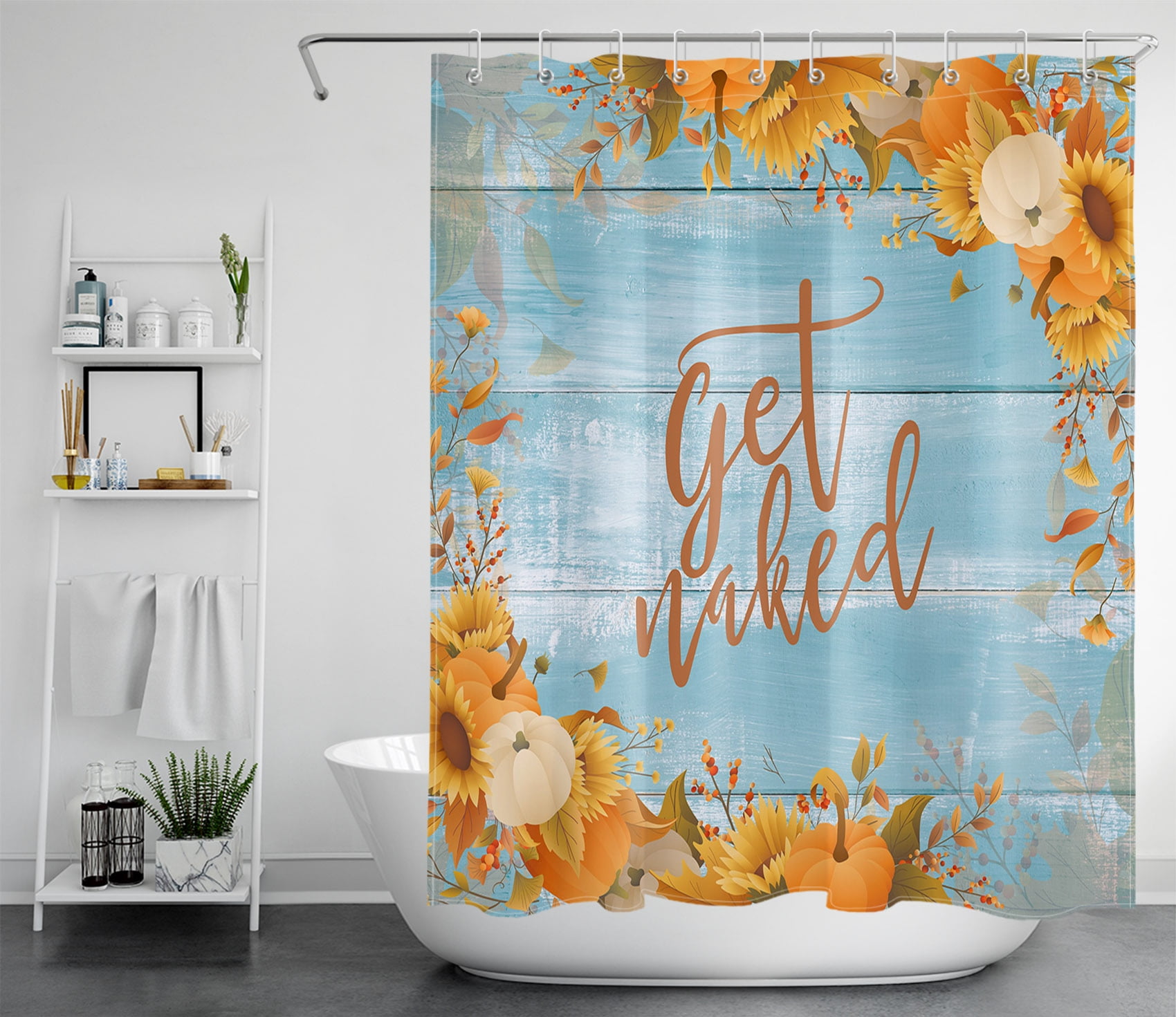 HVEST Autumn Theme Get Naked Shower Curtain, Vintage Fall Pumpkin Sunflower and Funny Quotes on Rustic Teal Wooden Shower Curtains for Bathroom, Waterproof Fabric Bathroom Decor with Hooks, 60x72 Inch