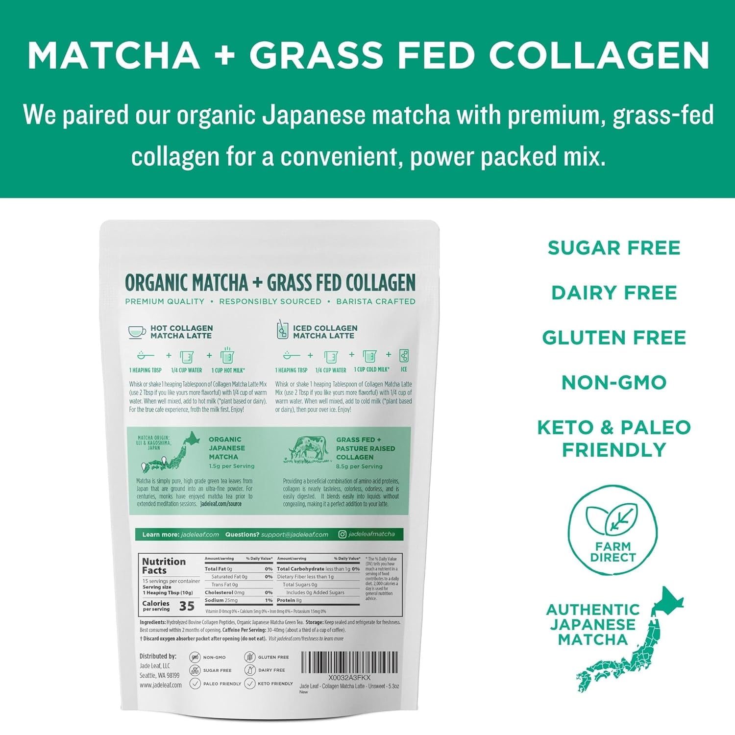 (5 pack) Jade Leaf Matcha Latte, Unsweetened Grass Fed Collagen and Organic Matcha, Premium Barista Crafted Mix, 5.3 oz