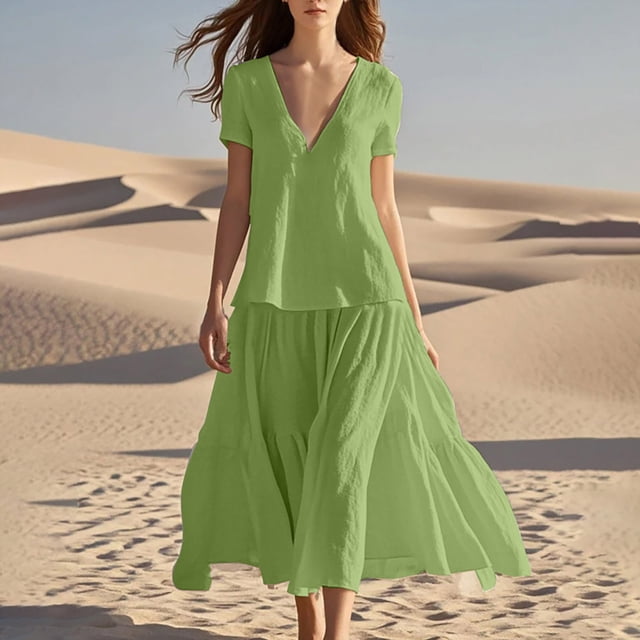 Staron Robes Soleil pour Femmes 2025 Vacances Manches Courtes Ligne A Été Col en V Profond Boho Robe d'Été Ample Décontractée Coton Lin Plage Fête Robes