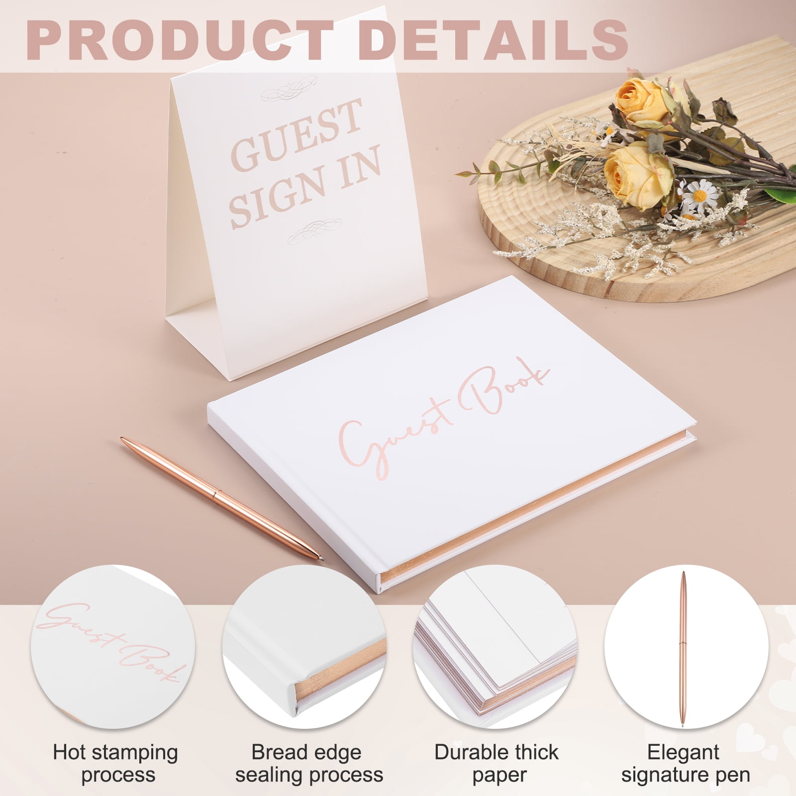 Uxcell Guest Book, 9x7" Elegant Wedding Guestbook Pink Cover Memory Book with Diamond Signing Pen and Greeting Card for Wedding Bridal Shower Birthday Party Events, Rose Gold