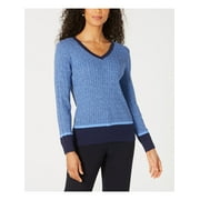 KAREN SCOTT Womens Blue Heather Long Sleeve V Neck Sweater Petites PM