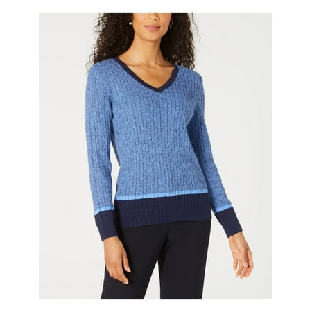 KAREN SCOTT Womens Blue Heather Long Sleeve V Neck Sweater Petites PM