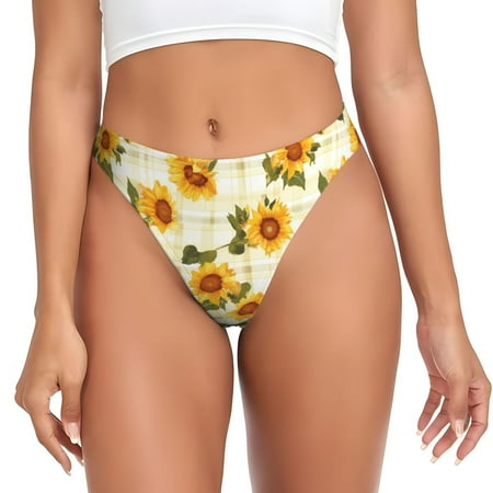 Zeuib Light Green Plaid Sunflower Print Seamless Women Underwear Thongs High Waisted No Show Ladies Panties Breathable Comfortable Brief Hi Rise Undies-4X-Large
