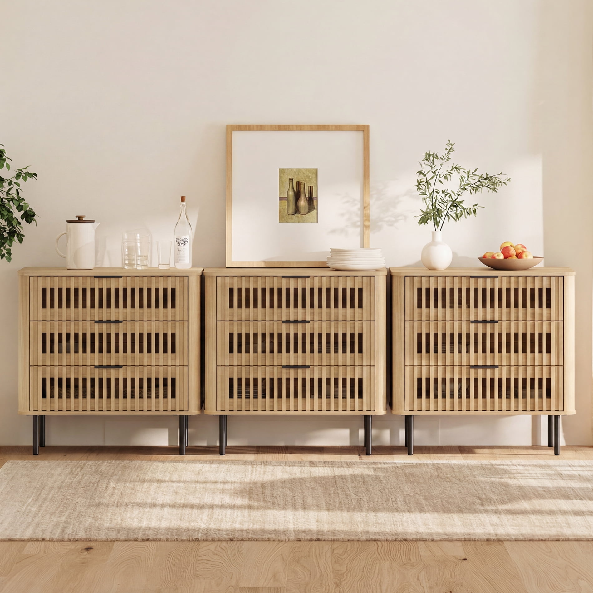 94.5"W Sideboard Buffet Cabinet with Storage, Fluted Kitchen Buffet Storage Cabinet with 9 Drawer, Large Coffee Bar Cabinet, Modern Buffet Table for Dining Living Room, Oak