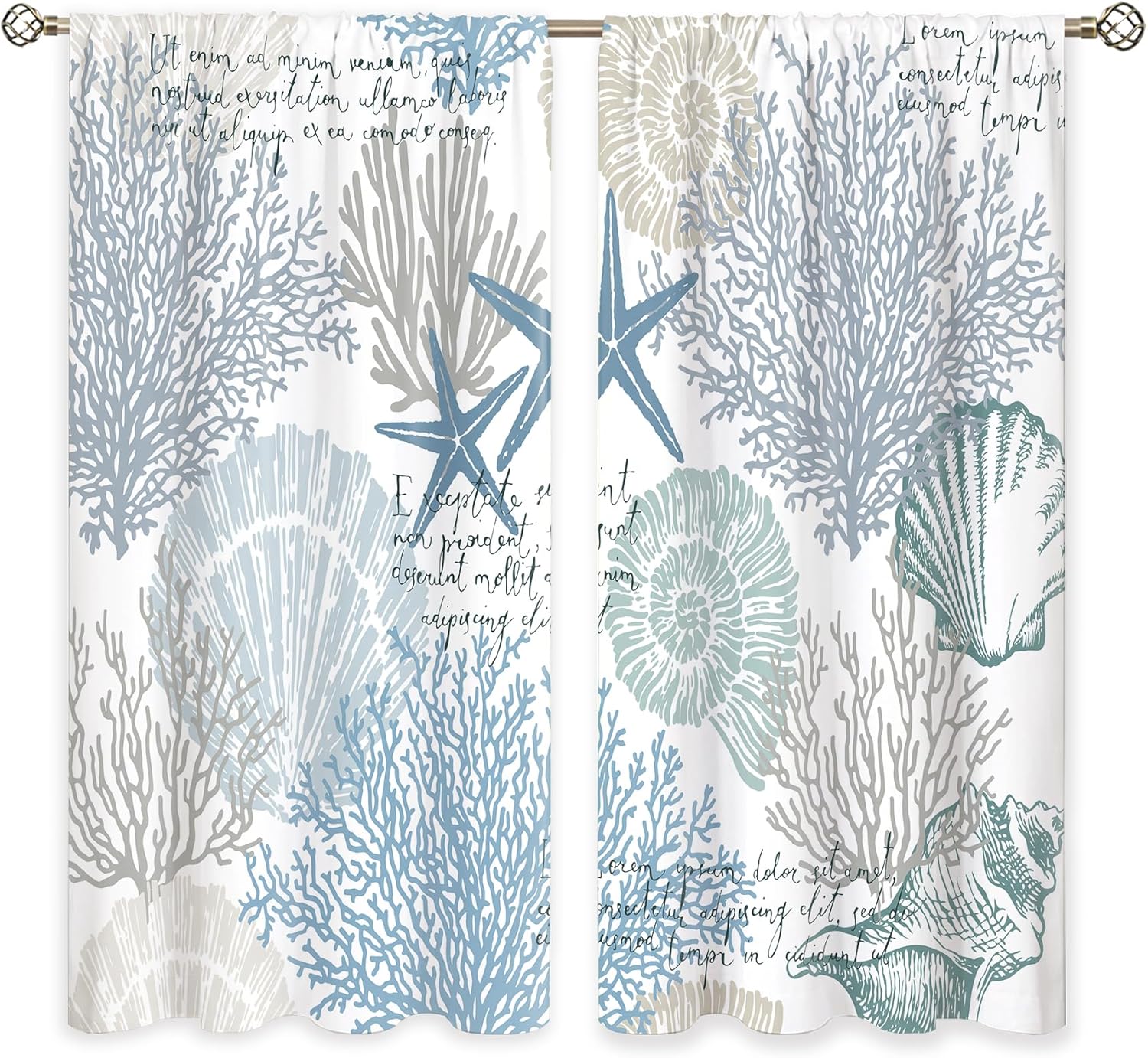 Ocean Beach Window Curtains Nautical Coastal Starfish Seashell Rod Pocket Underwater Curtain Drapes Blue Sea Curtains for Bedroom Living Room Treatment 2 Panels 42Wx63H Inch
