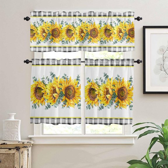 Kitchen Curtains and Valances Set, Summer Sunflower Eucalyptus Leaves Black Buffalo Plaid Floral Short Rod Pocket 3 Pieces Window Curtain Set for Bedroom, Bathroom, 24 Inch Long