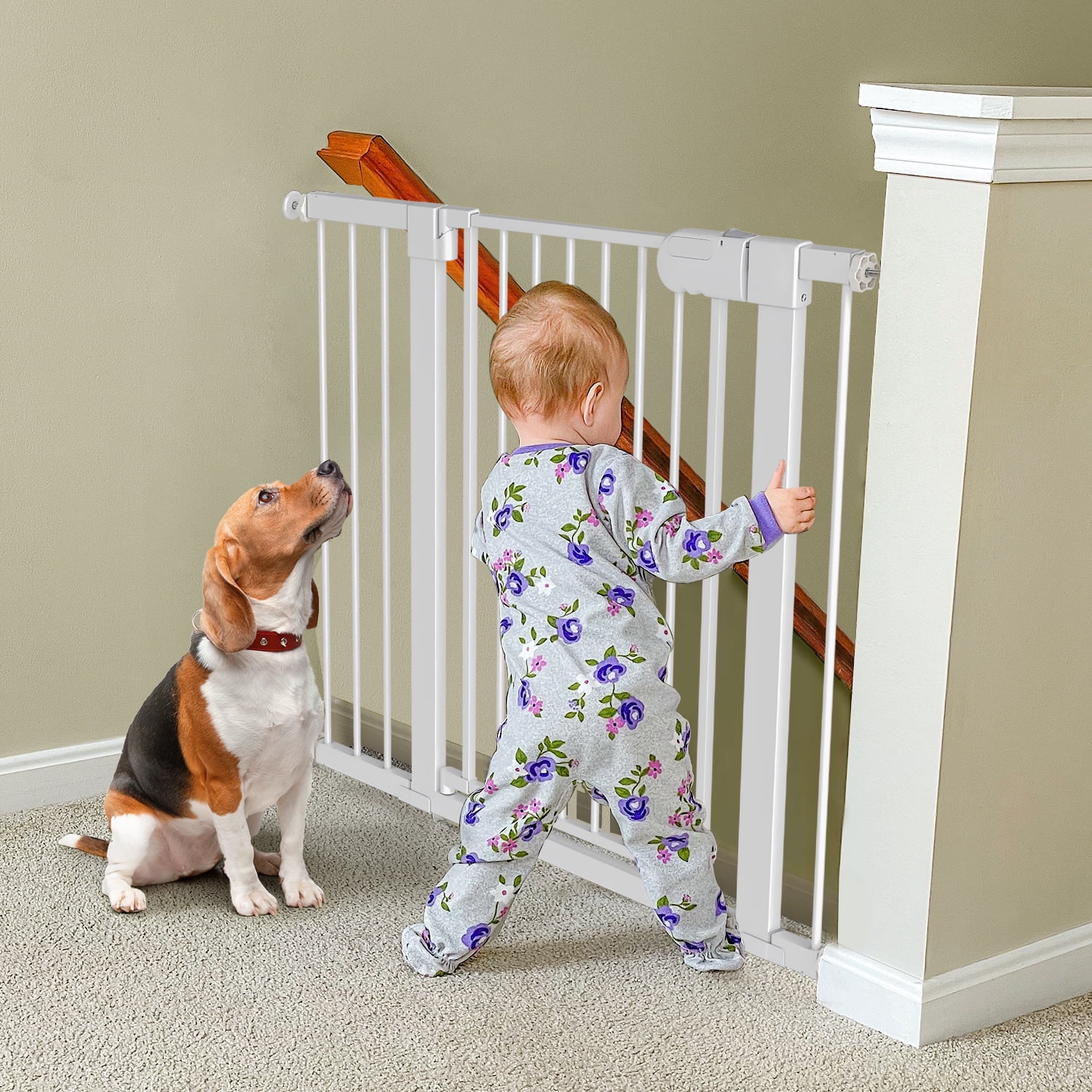 27-43" Baby Gate for Stairs, Dog Gate for Doorways, Pressure Mounted Self Closing Pet Gates for Dogs Indoor, Durable Safety Child Gate with Easy Walk Thru Door, White