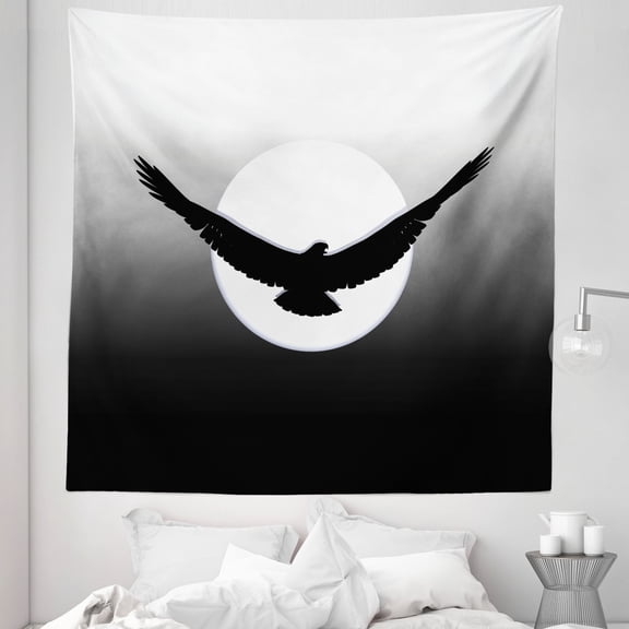 Black and White Tapestry, Monochrome Look Flying Silhouette of Eagle Full Moon and Ombre Background, Fabric Wall Hanging Decor for Bedroom Living Room Dorm, 5 Sizes, Grey, by Ambesonne