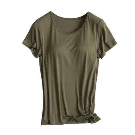 Women T Shirt Builtin Bra T Shirt Padded Active Short Sleeves Blouses Soft Workout Yoga Oversized Tshirts Army Green XXL