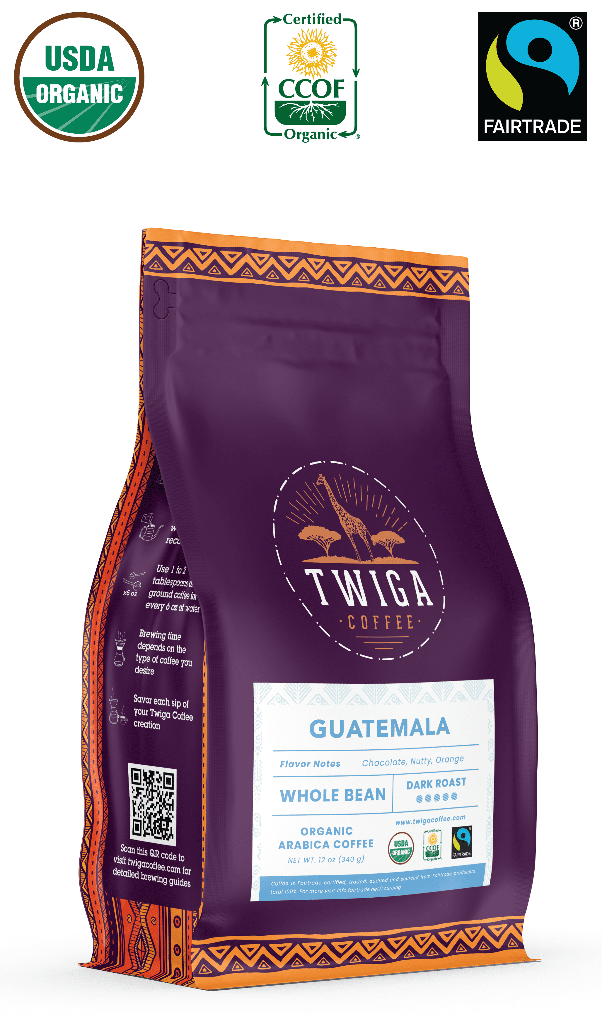Guatemala Coffee | USDA Organic | Fairtrade | Dark Roast | Whole Bean | 12 oz | Twiga Coffee
