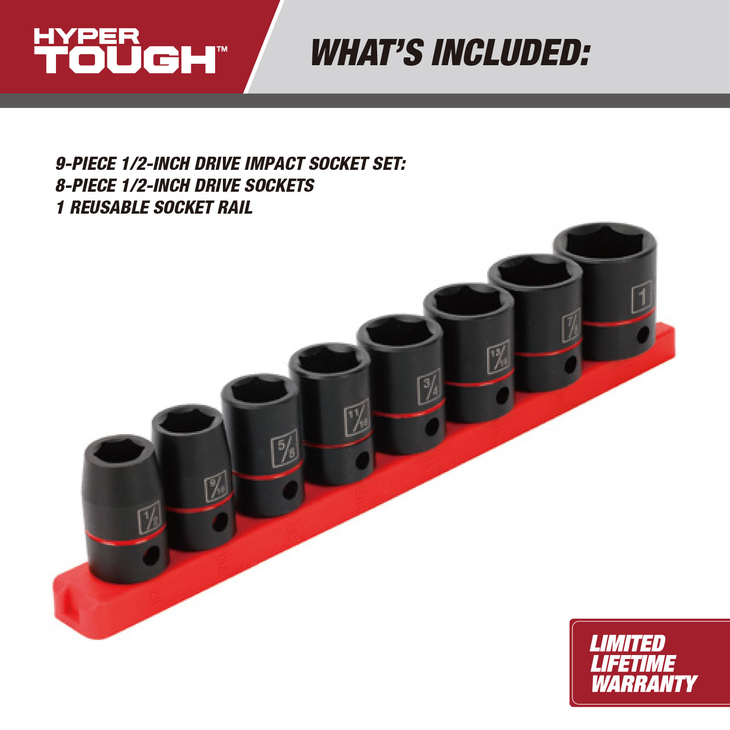 Juego de 9 Dados de Impacto de 1/2 Pulgada Hyper Tough (SAE) 4