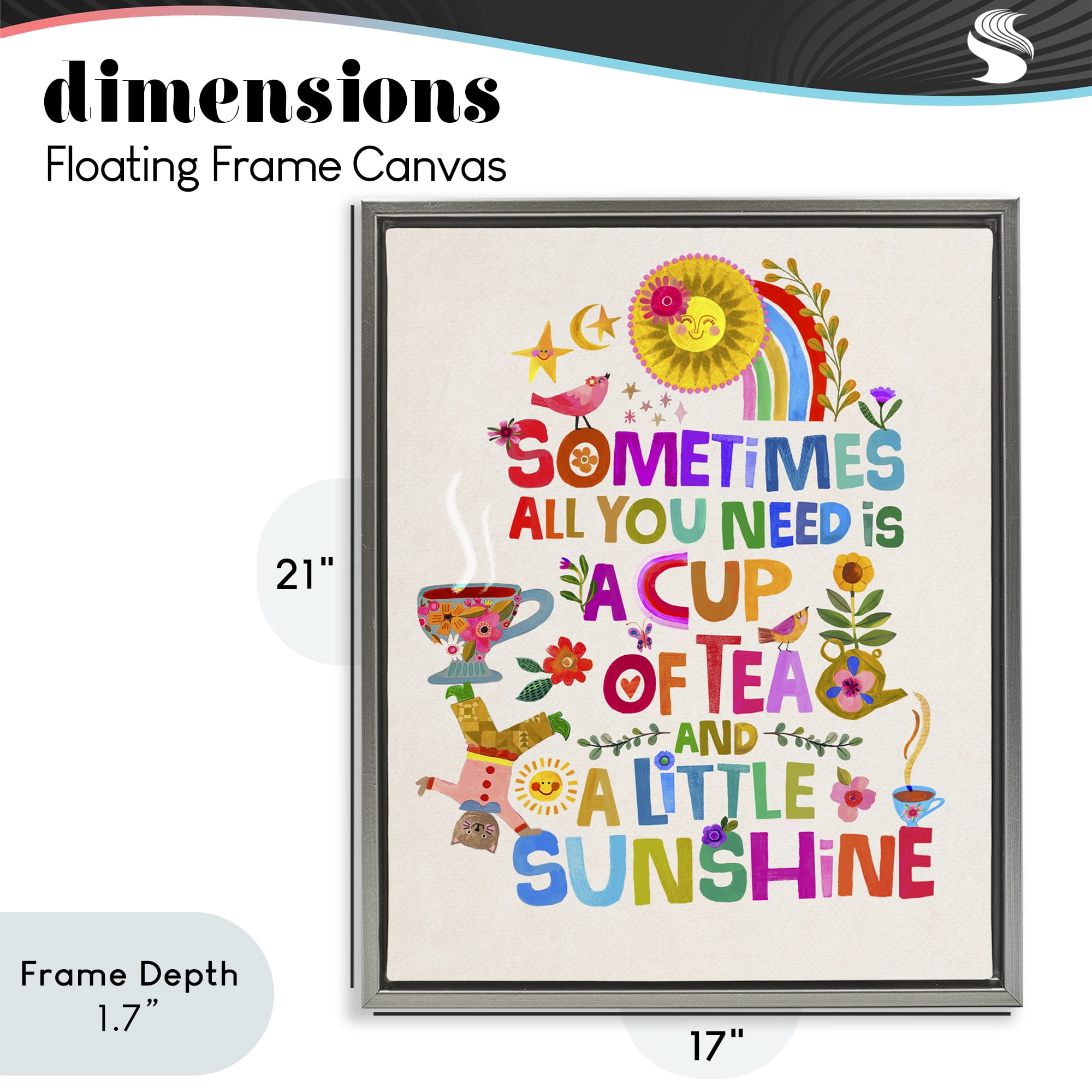 Stupell Industries Cup Of Tea & Sunshine Gray Framed Floater Canvas Wall Art, design by Katherine Herrell Studio