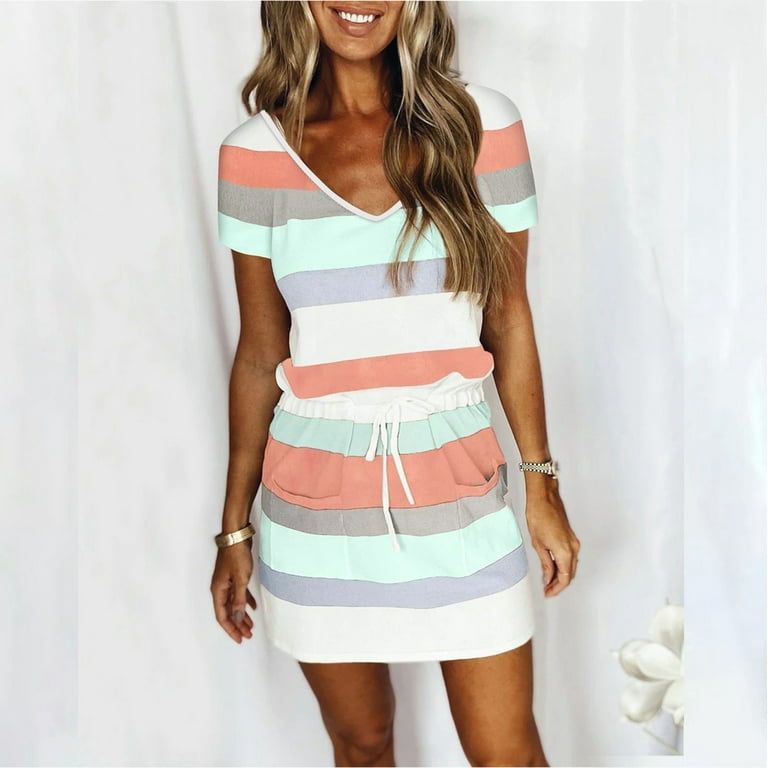 RYDCOT Women Casual V-Neck Short Sleeve Bandage Stripe Printing Loose Dress light Green S - Walmart.com RYDCOT Women Casual V-Neck Short Sleeve Bandage Stripe Printing Loose Dress light Green S - Walmart.com