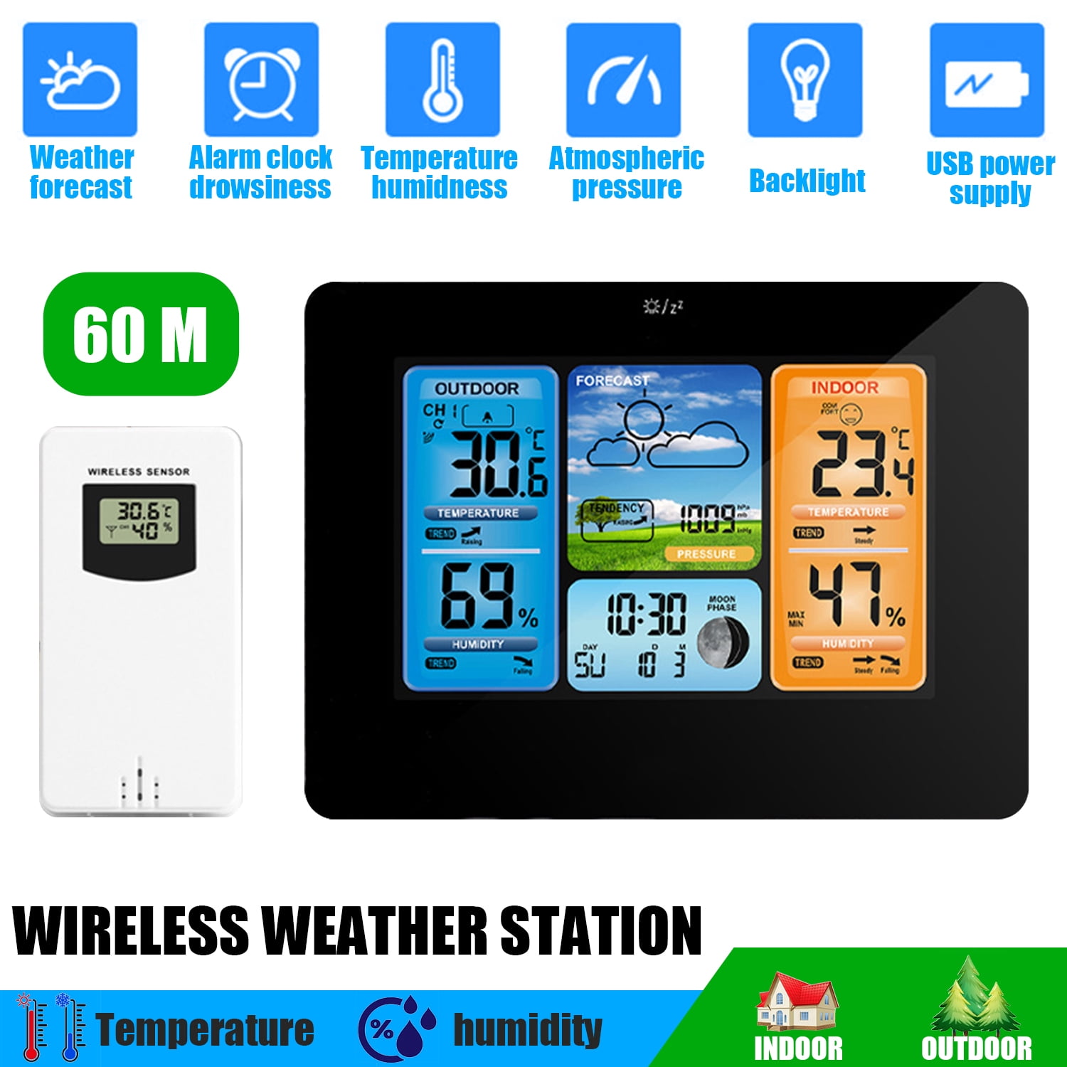 ASKITO Weather Station Wireless Indoor Outdoor Thermometer, Color LCD Display Digital Thermometer Humidity Monitor for Home, Black