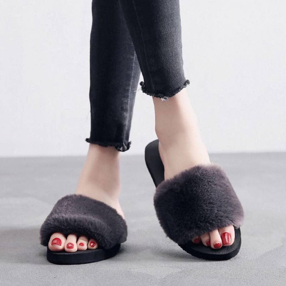 Women's Plush Faux Fur Fuzzy Slide on Open Toe Slipper with Memory Foam Open Toe Slippers with Arch Support Anti Skid Ladies Slip On Fur Slide Slippers House Shoes Mules Indoor Outdoor - image 3 of 4