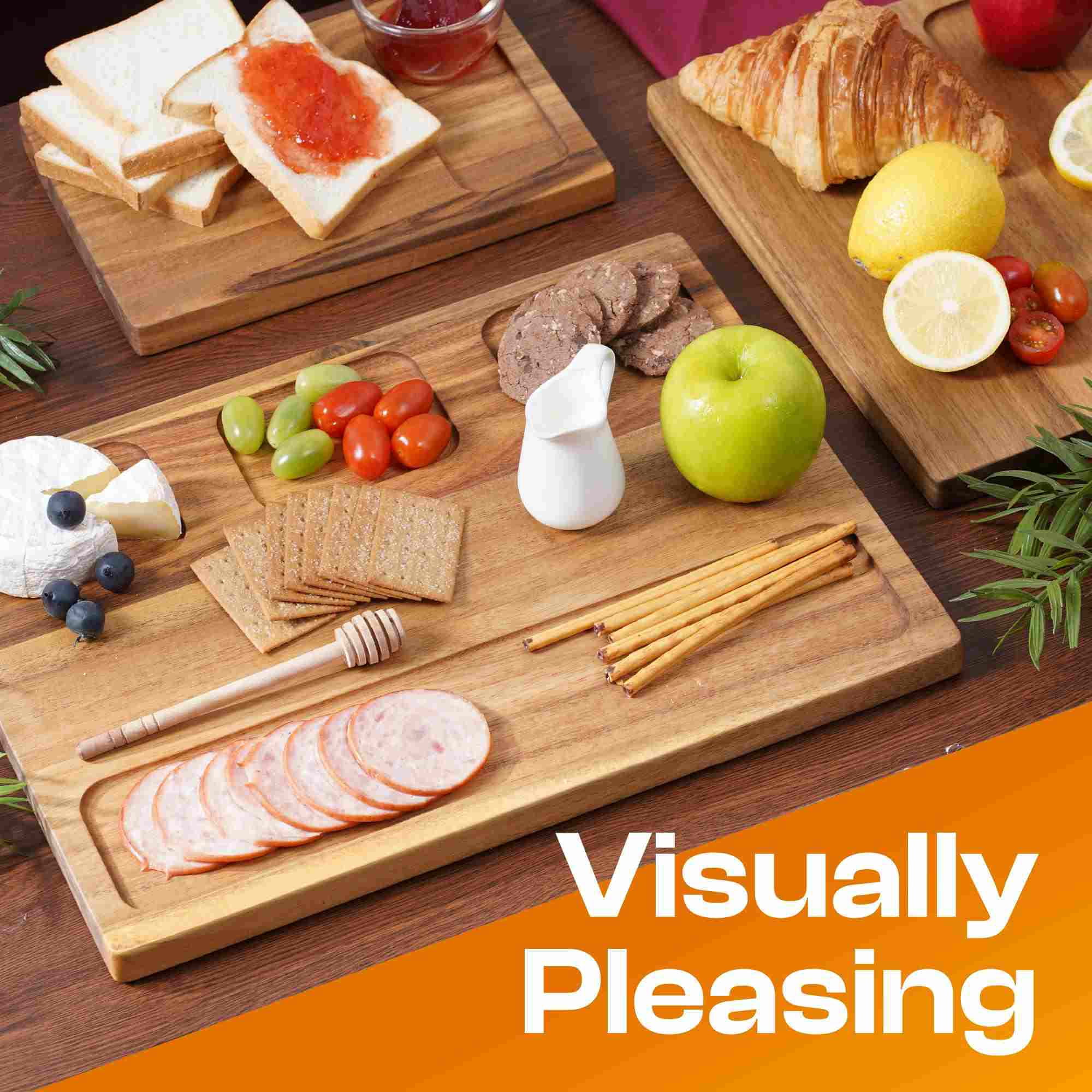 AN68 Acacia Wood Cutting Board Set of 3 – Reversible 2-in-1 Butcher Blocks & Serving Trays, 100% Natural Hardwood with Juice Groove, Gift Box Ready