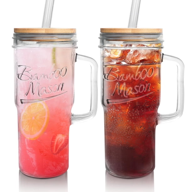 Vasos de vidrio ANOTION de 700 ml con tapas y pajitas, juego de 4