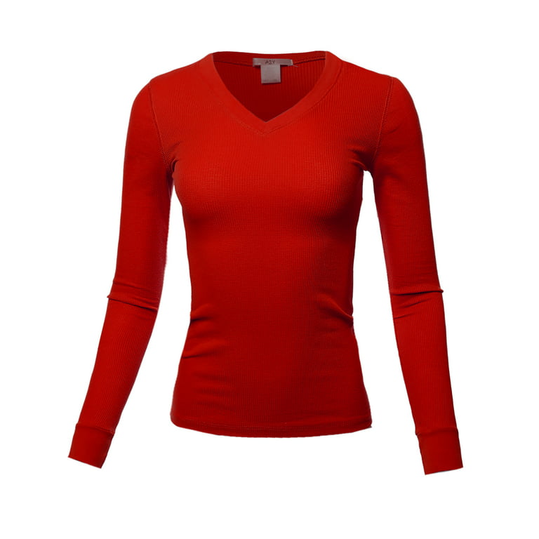 A2Y Women\'s Basic Solid Fitted Thermal Top Sleeve Shirt V-Neck Scarlet Long 3XL Red
