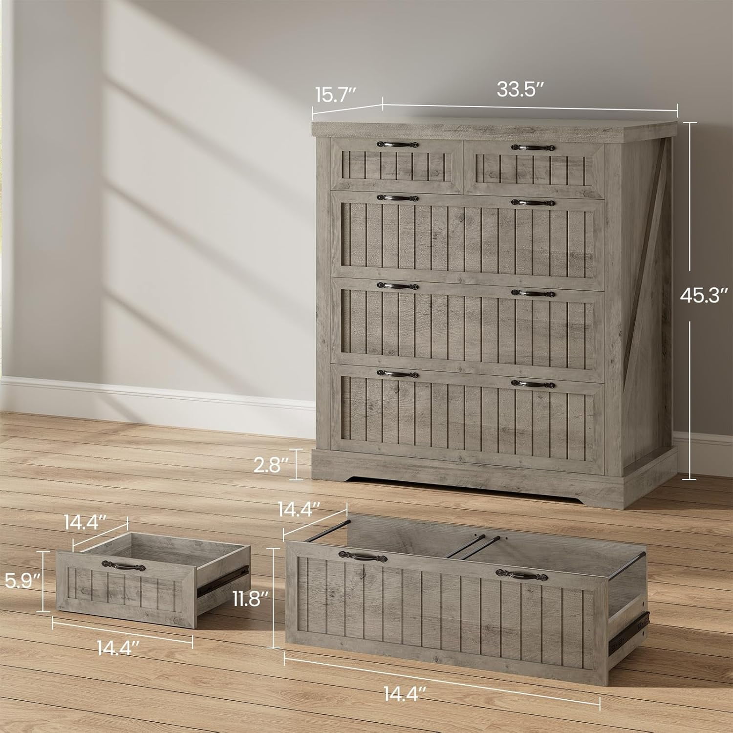 SEDETA File Cabinet with 5 Wood Drawers, Farmhouse Filing Cabinet for Home Office, Wood Office File Cabinets for Letter/Legal/A4 Size, Lateral File Cabinets with Printer Stand, Grey