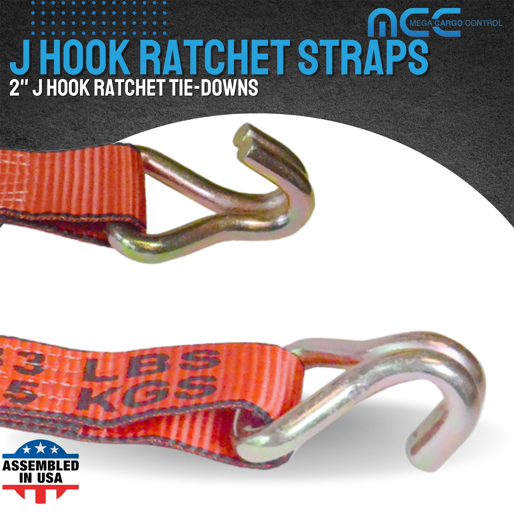 Mega Cargo Control USA Heavy Duty 2" x 60' Ratchet Strap J Hook Flatbed Truck Farm Tie Down 2 Pack