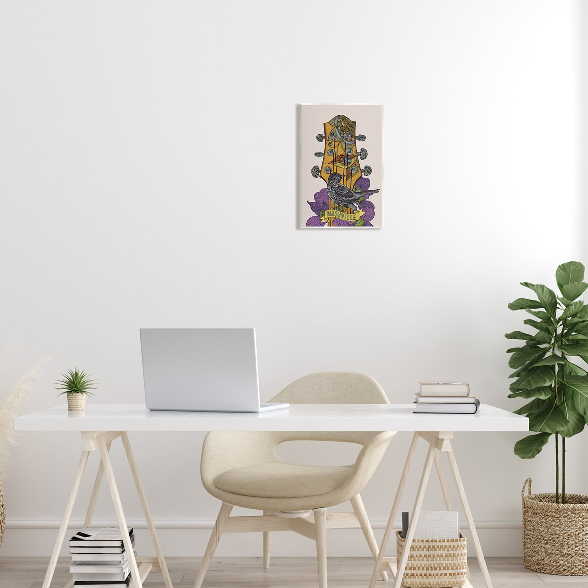 Stupell Industries Intricate Nashville Guitar Floral Patterned Bird Perched Graphic Art Unframed Art Print Wall Art, Design by Valentina Harper