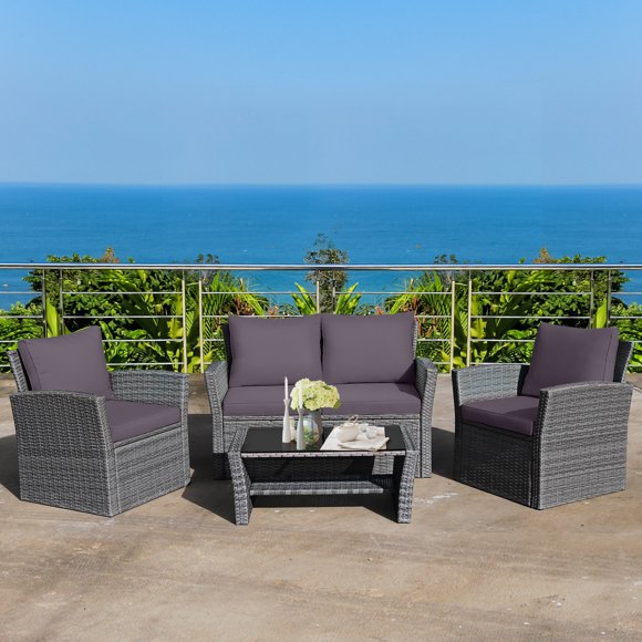 Costway 4PCS Patio Rattan Furniture Set Sofa Table W/Storage Shelf Gray Cushion