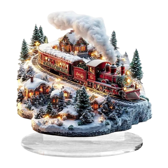 Adornos navideños acrílicos 2D planos, regalos de escena navideña, decoración de escritorio coleccionable, tren ferroviario para mesa navideña.