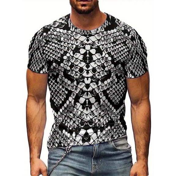 3D T-shirt black snake pattern 3D printed men's T-shirt casual short-sleeved summer T-shirt cool hip-hop rock style fun animal pattern loose large size, soft and comfortable breathable fabric