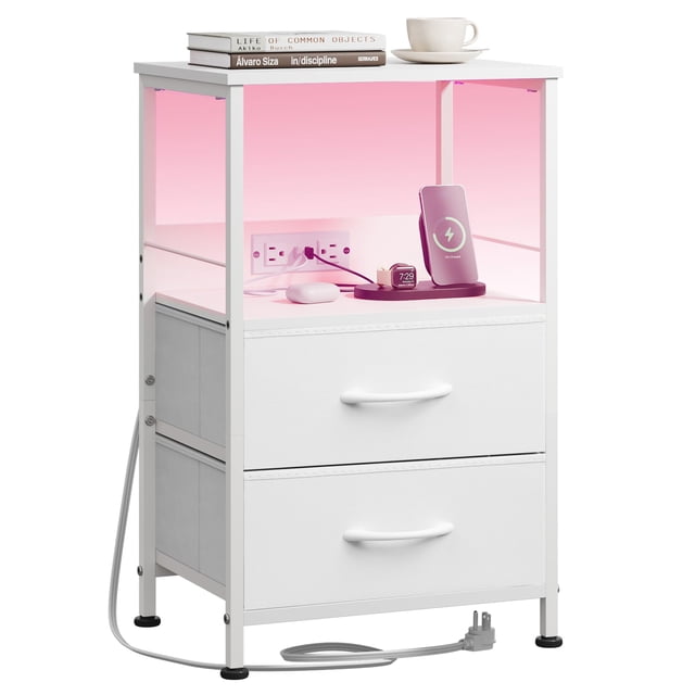 Mesita de noche blanca WLIVE LED con 2 cajones y cargador USB