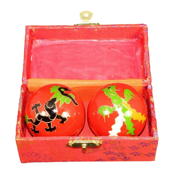 2 bolas de masaje con caja de almacenamiento, masajeador de dedos, bolas de salud chinas Dragón Fénix Rojo
