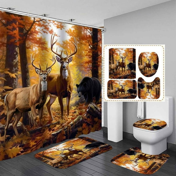 4PCS Rustic Bear Deer Shower Curtain Sets with Rugs, Waterproof Fabric Shower Curtain, Fall Forest Cabin Wildlife Animal Elk Moose Lodge Country Farmhouse Bathroom Decor, Hunting Gifts for Men