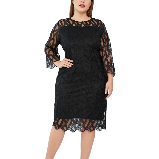 LSLJS Mode Women Sexy Plus Size Long Sleeve Splicing Perspective Sequin Dress