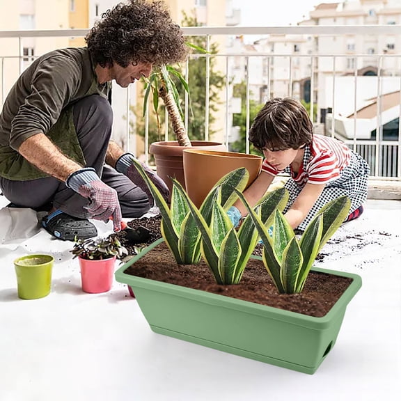 Window Box Planter, Plastic Vegetable Flower Planters Boxes 14 Inches Rectangular Flower Pots with Saucers for Indoor Outdoor Garden, Patio, Home Decor(Green)