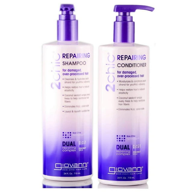 GiovanniI 2chic Repairing Shampoo & Conditioner Set, 24 oz. Blackberry & Coconut for Dry, Damaged & Processed Hair, Enhanced with Argan, Jojoba, Shea Butter & Keratin, Sulfate Free, Color Safe