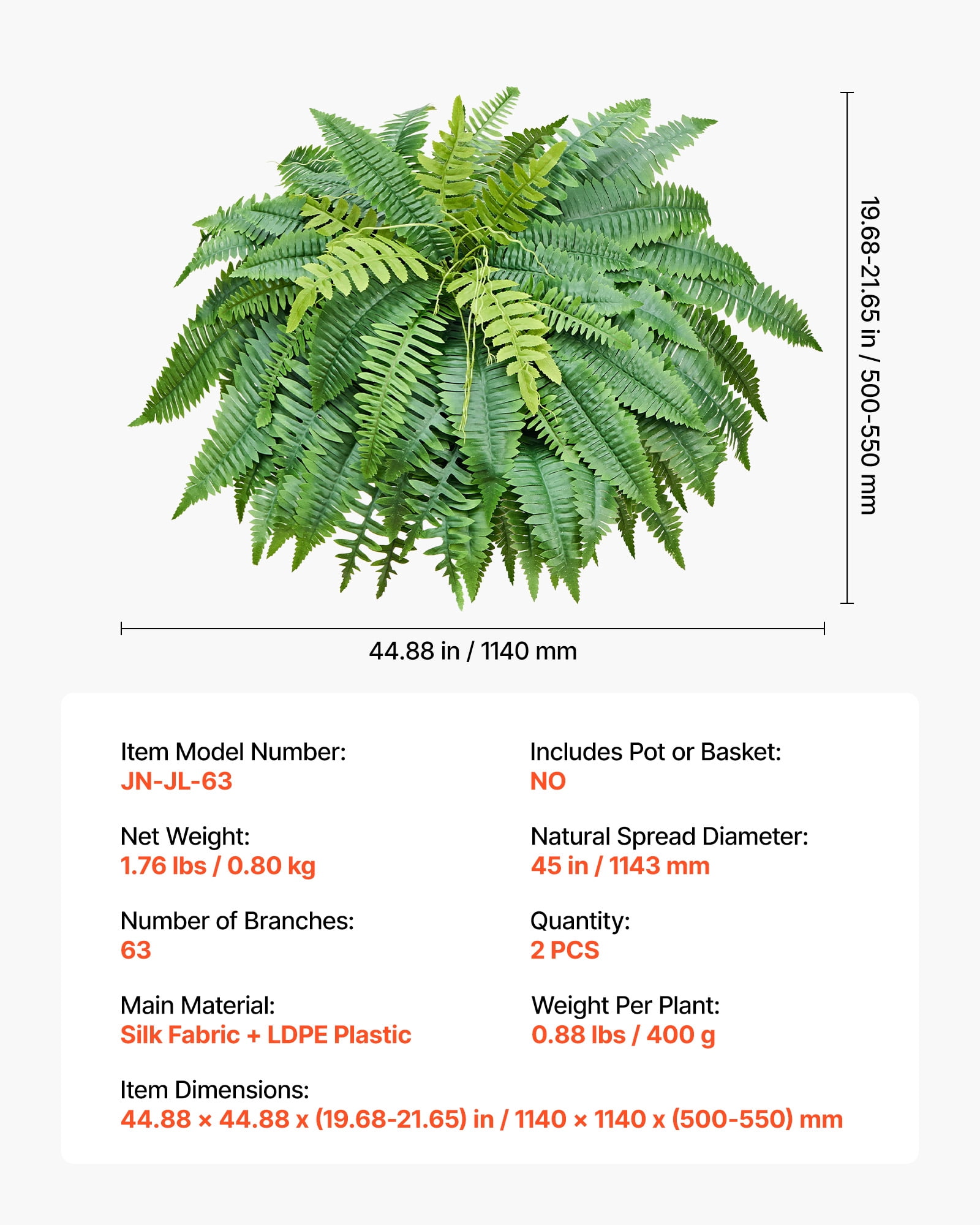 VEVOR Artificial Ferns, 45 Inch Fake Boston Fern Bush Plant with 63 Fronds, Faux Greenery for Indoor/Outdoor Decor, Silk & LDPE, Suitable for Home Porch Garden Office Living Room Planter, Set of 2