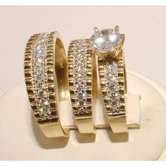 Hitanshu Jewels His Her Wedding Trio Ring Set 14K Yellow Gold Plated 2.5Ct Round Real Moissanite