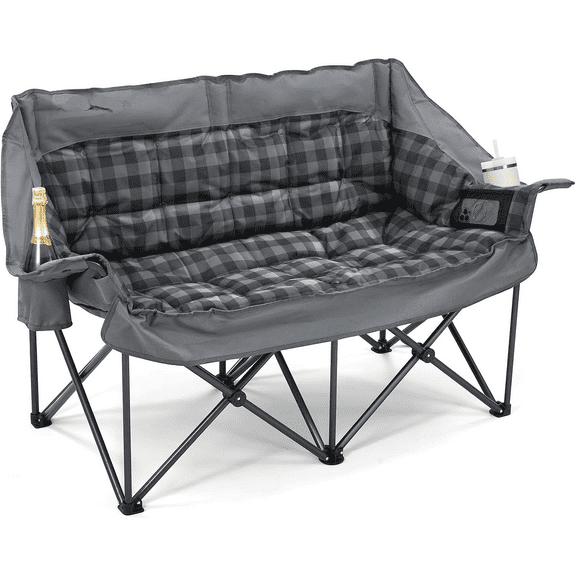 Double Camping Chairs Padded Loveseat Chair for 2 Person - Heavy Duty Oversized Camping Couch for Adults Outdoor Lawn Beach - Portable Folding Sofa with Cup Holders and Carry Bag, Grey