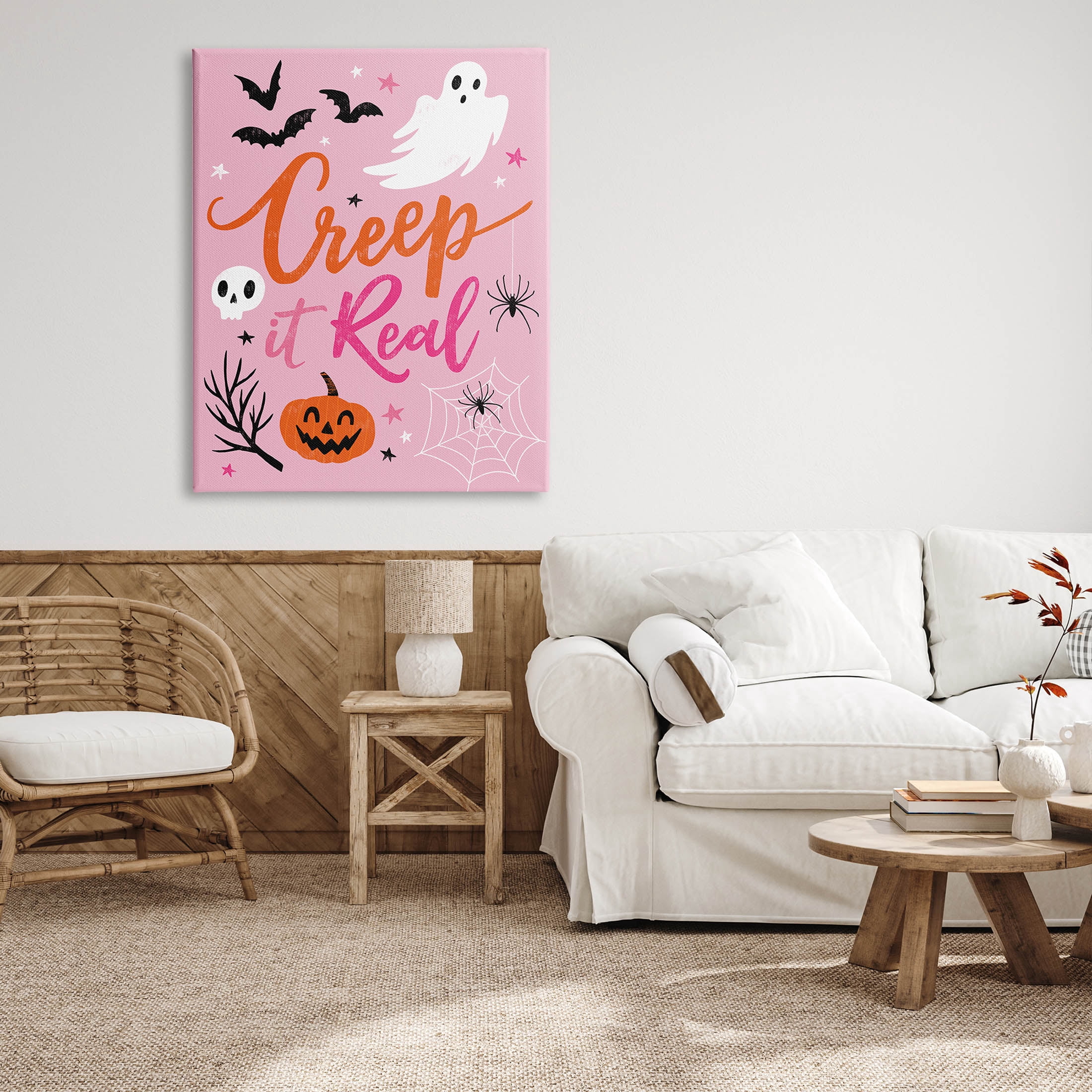 Creep It Real Pink Halloween Phrase Holiday Graphic Art Gallery Wrapped Canvas Print Wall Art