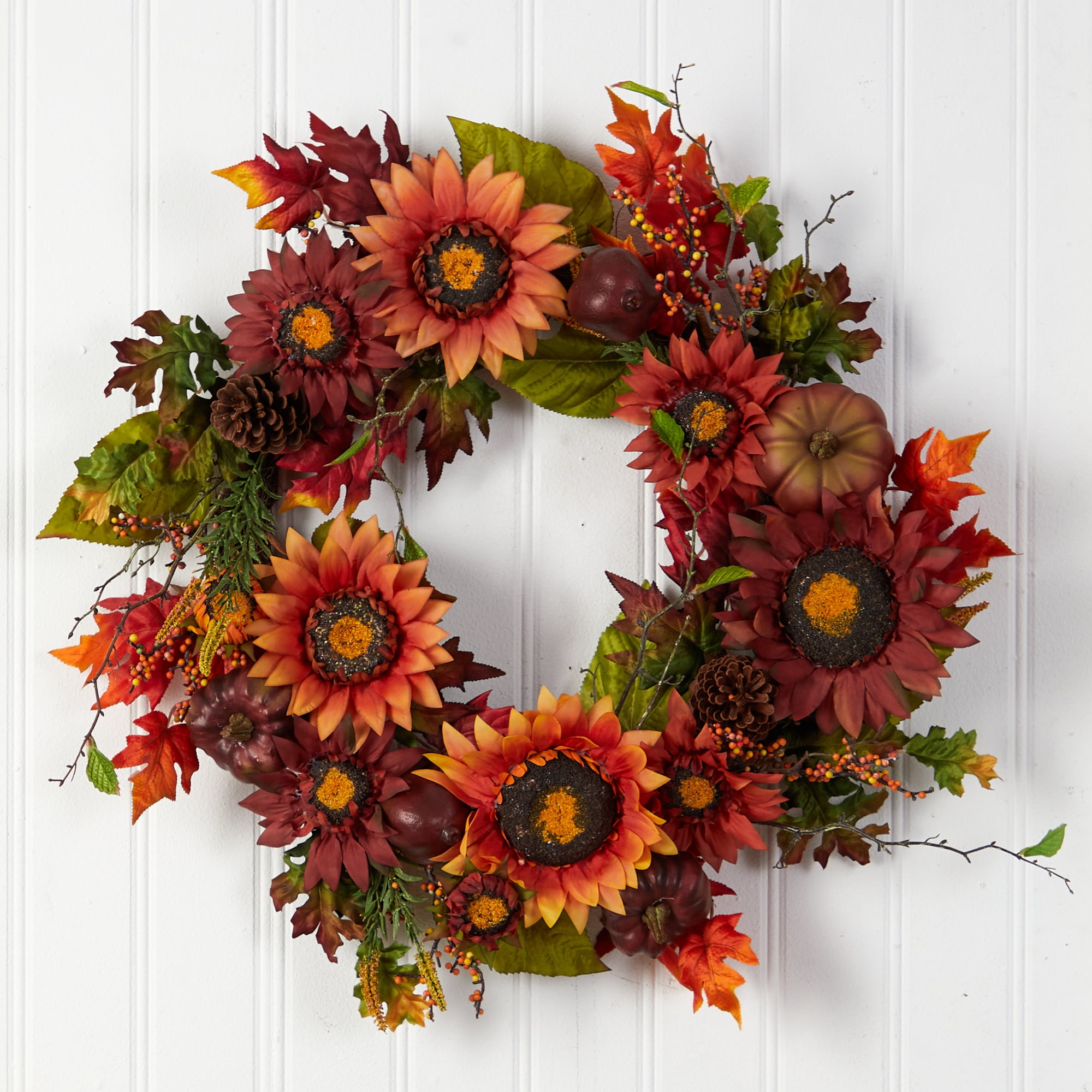 Nearly Natural 24" Autumn Sunflower, Pumpkin, Pinecone and Berries Fall Artificial Wreath, Orange