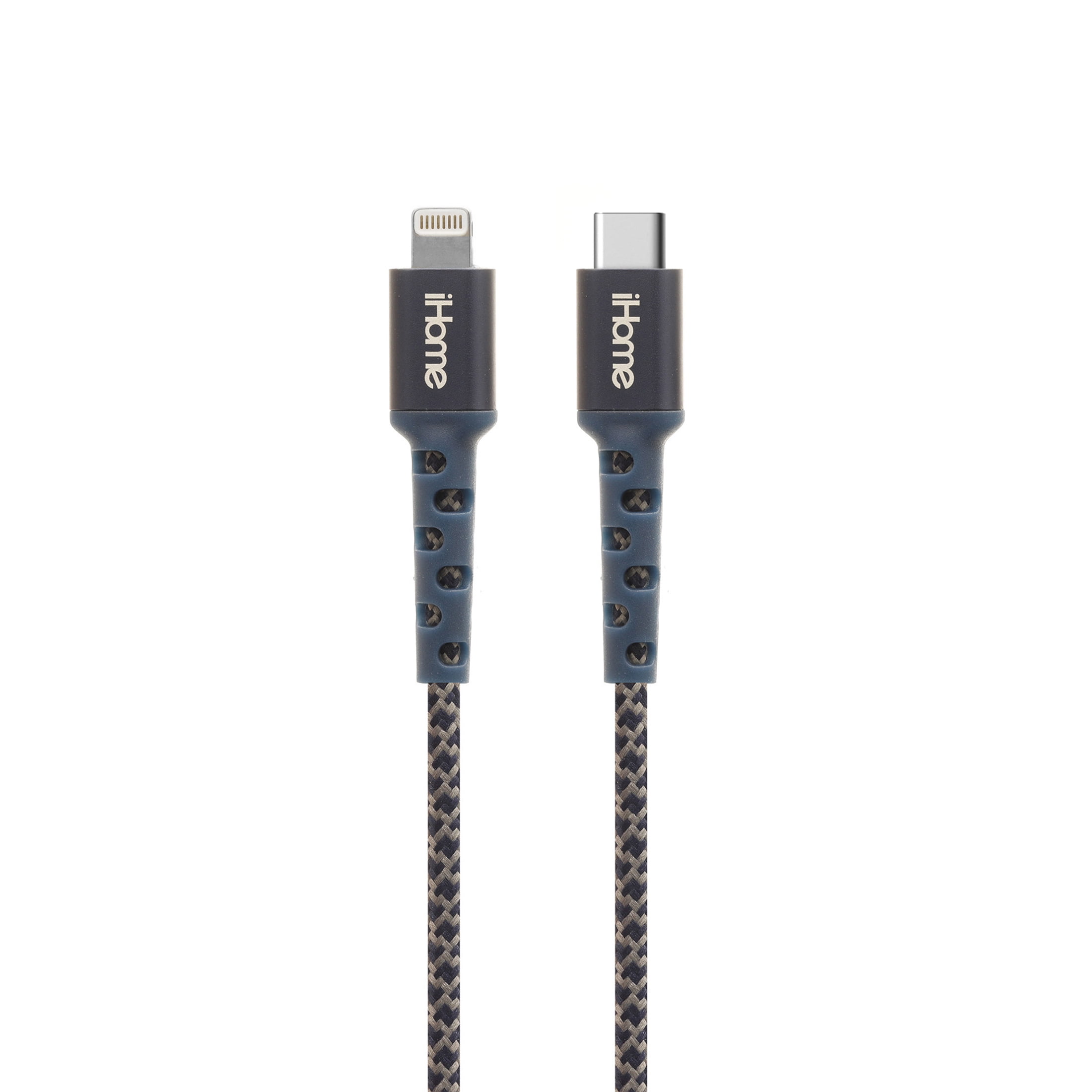 iHome Nylon Braided Lightning to USB-C Cable, Navy, 6'