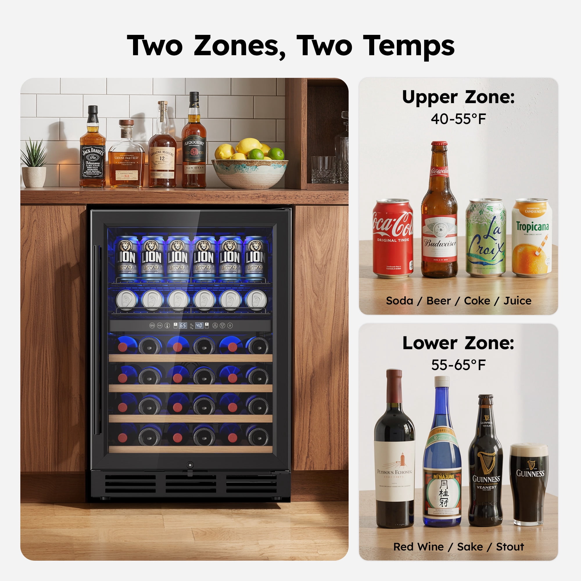 Simzlife 4.5 Cu.ft Dual Zone Beverage Refrigerator Wine Cooler,  Wine Chiller for 30 Bottles Wine & 65 Cans Drink, Adjustable Temperature Control for Home/Office/Bar,Black