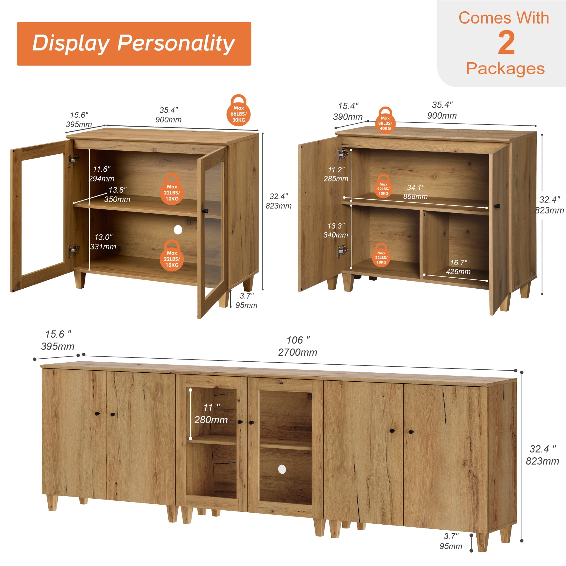 Modular Buffet Cabinet Sideboard With Glass and Wood Doors, Adjustable Shelves and Cable Management For Kitchen Dining Room, 106" W, Brown Wood
