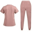 thumbnail image 2 of DENGDENG Petite Lounge Sets for Women Work Nurse Uniform V-Neck Short Sleeve Scrub Tops & Elastic Waist Jogger Pants Soft and Stretchy Nursing Trendy Scrub Suit with Pockets,Pink M, 2 of 5