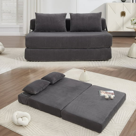 MDAQMD Boneless Folding Sofa Bed Full Corduroy Convertible Sleeper Chair with 2 Pillows Corduroy Foldable Couch Bed Futon Floor Loveseat Couch for Living Room Apartment Small Spaces Gray