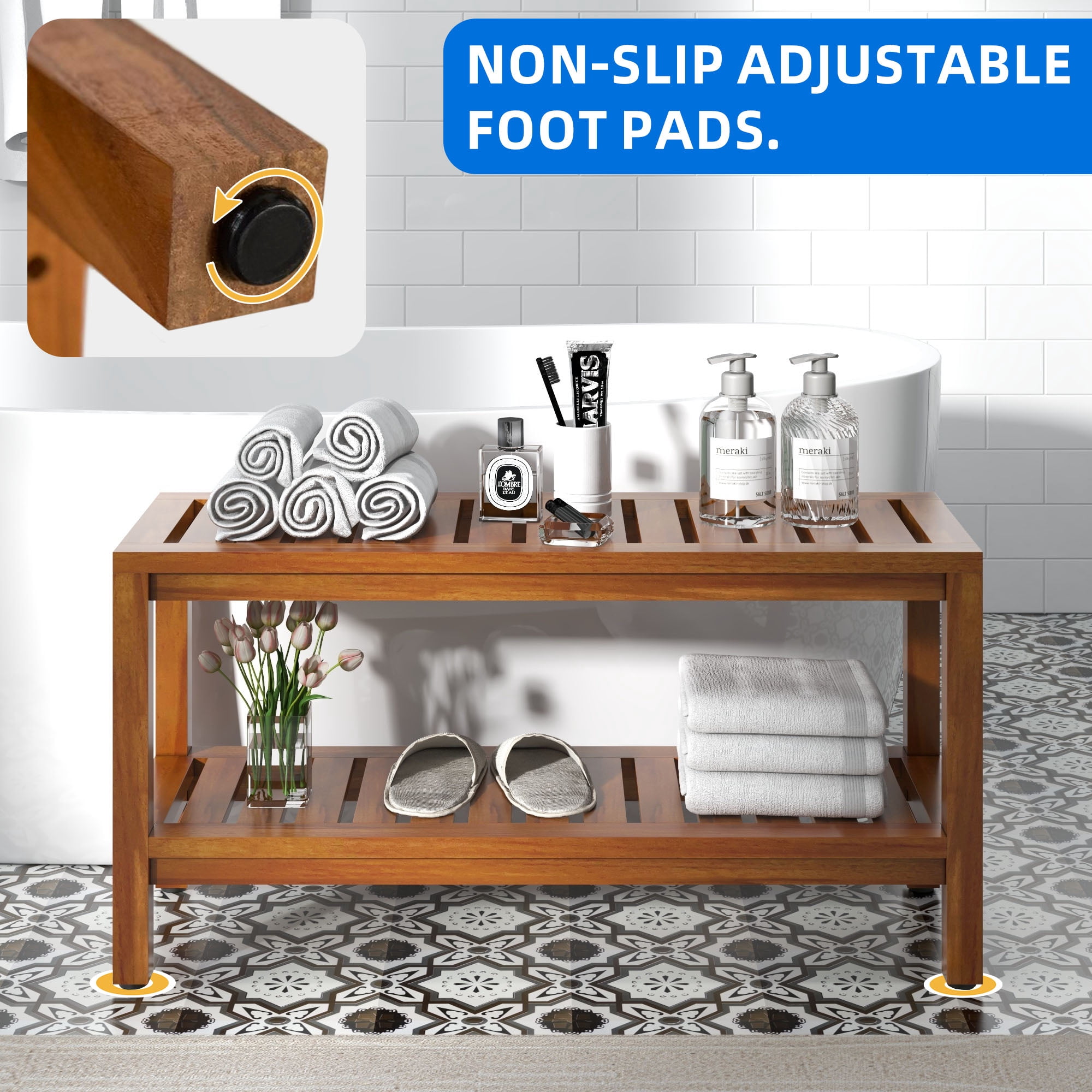 Uforic 36" Shower Seating Bench with Storage Shelf, Teak Wood Shower Stool with Non-Slip Pads, Brown
