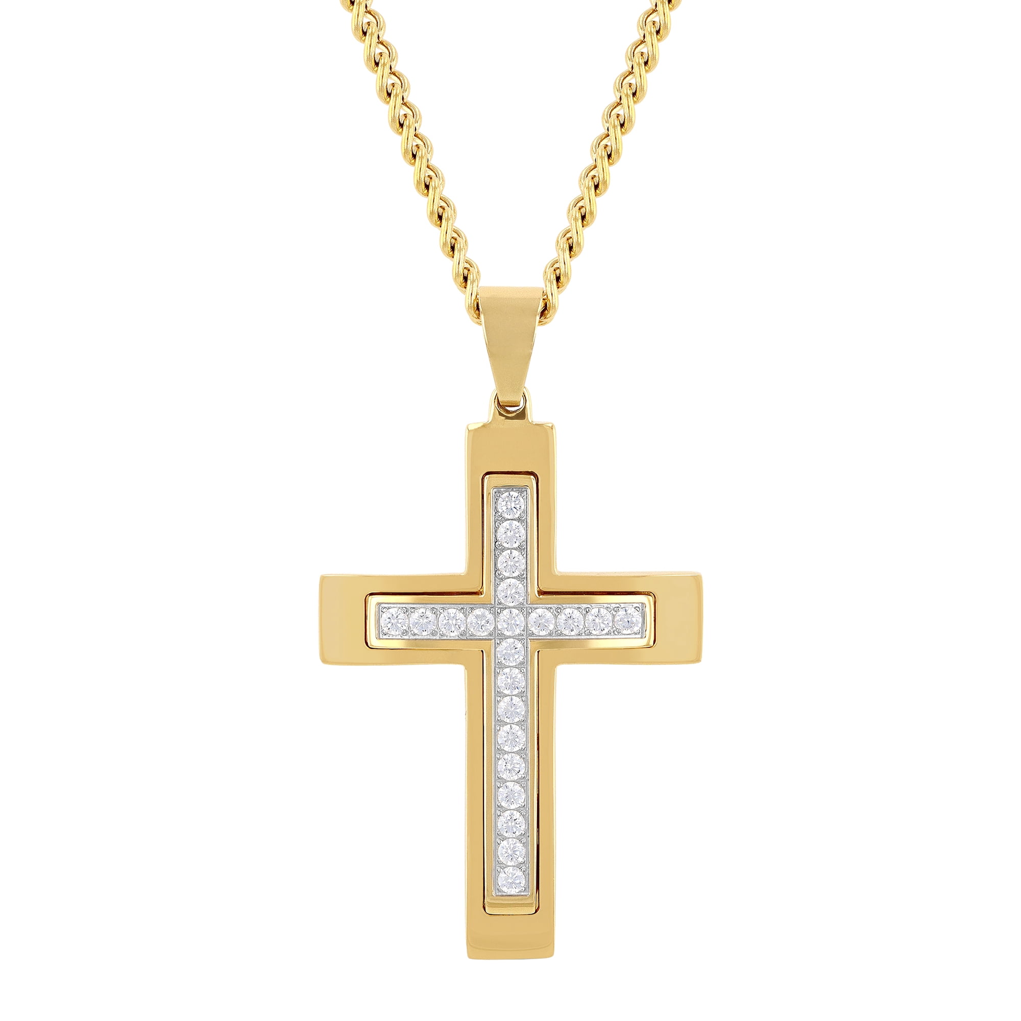 Men's Gold-Tone Stainless Steel Cubic Zirconia Cross Pendant 24" Necklace
