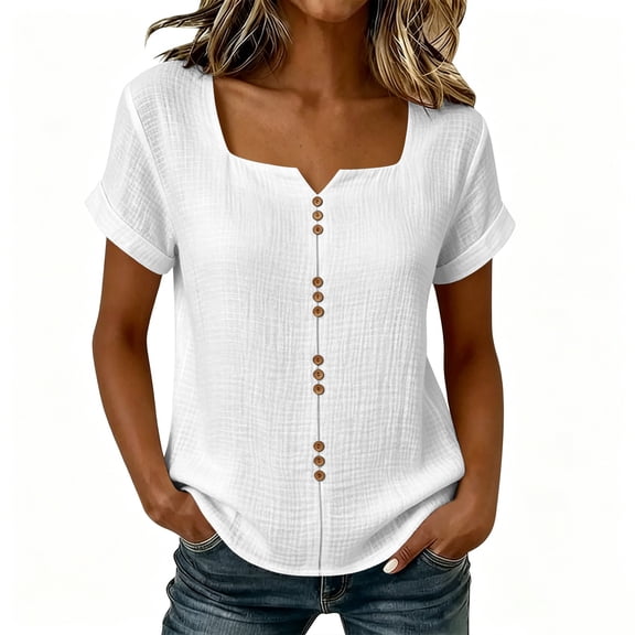 LIaqionyy Womens Cotton Linen Tops Lightweight Casual Loose Work Blouses Short Sleeve Summer Vacation Shirts